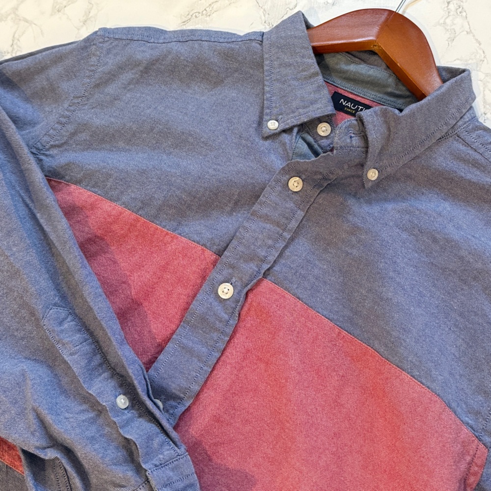Vintage Nautica Red and Blue Long Sleeve Button-Up Shirt | Size L